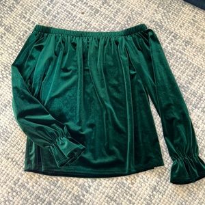 One Clothing Los Angeles, off the shoulder green velvet long sleeve top. Size M
